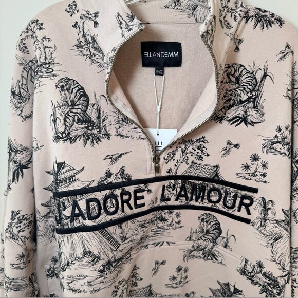 NWT EllandEmm J'adore Half Zip Windbreaker Sweatshirt Cream Black Size XL/XXL - Picture 4 of 7